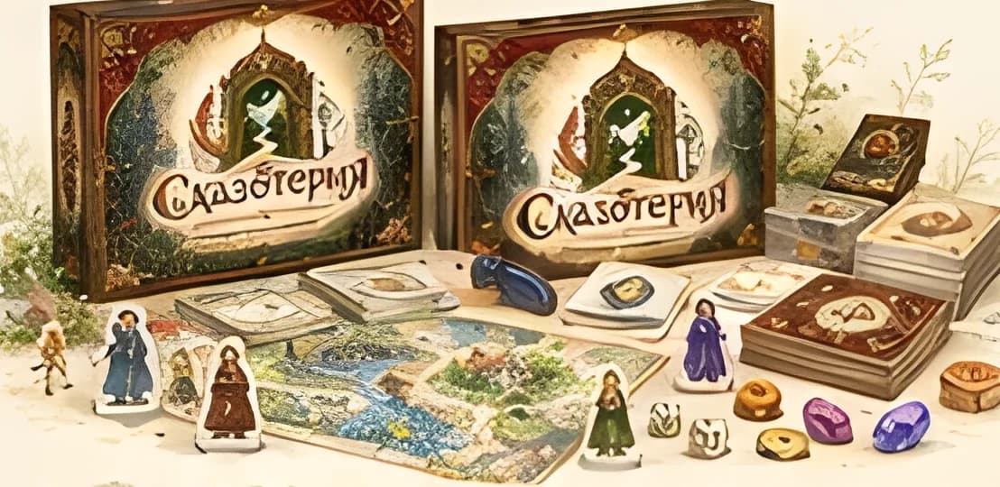 Две коробки «Сказотерии», игровое поле, фигурки, карты, жетоны и кубики