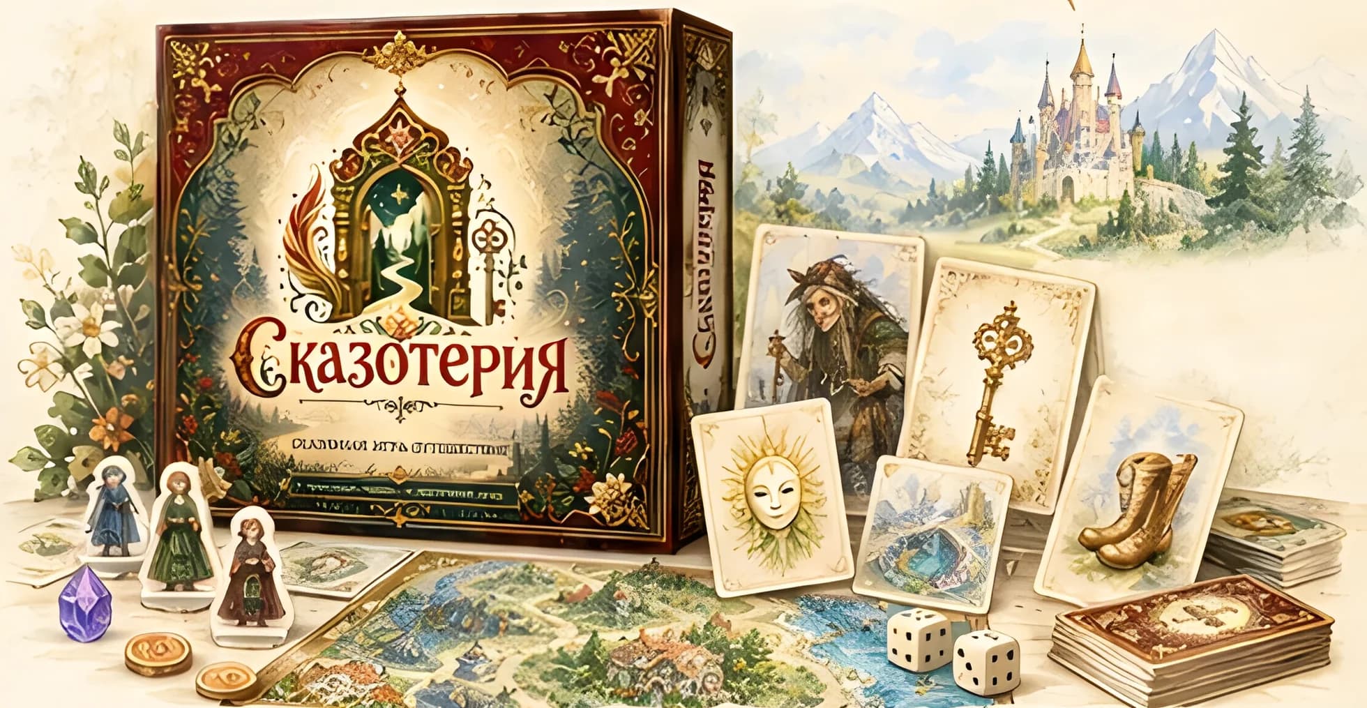 Настольная игра «Сказотерия»: коробка, игровое поле, фигурки героев и волшебные карты